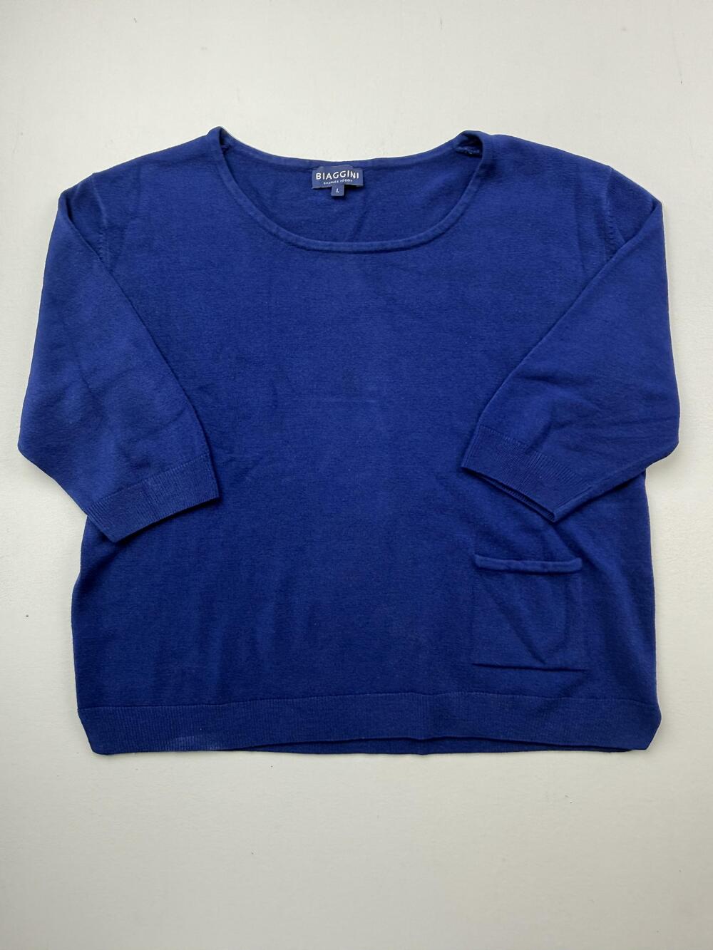 Biaggini Sweater Womens L Blue Scoop Neck 3/4 Sleeve Pocket Knit Pullover Top